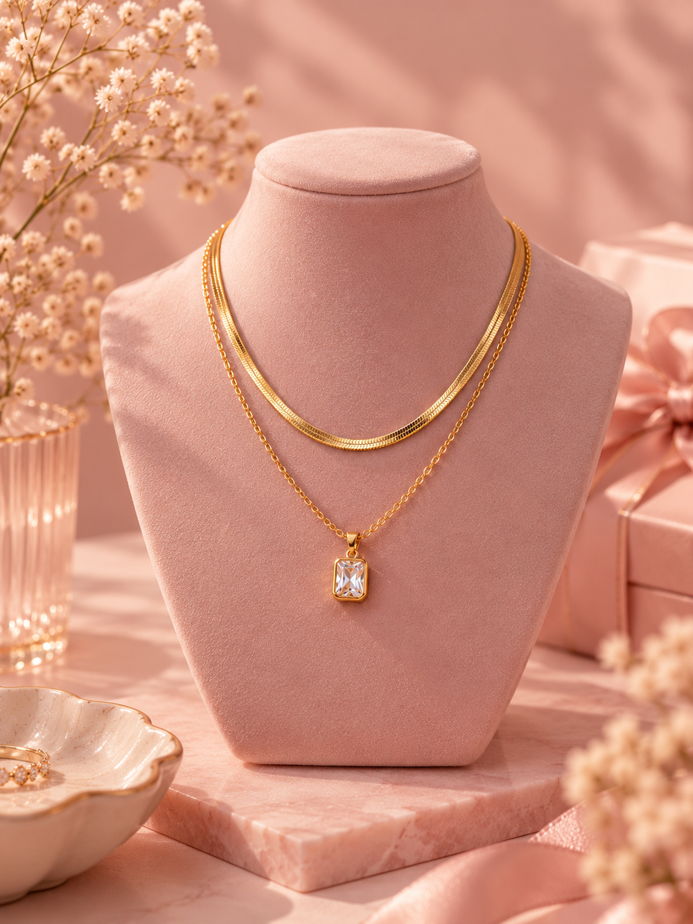 Layered Crystal & Snake Chain Necklace Anti Tarnish