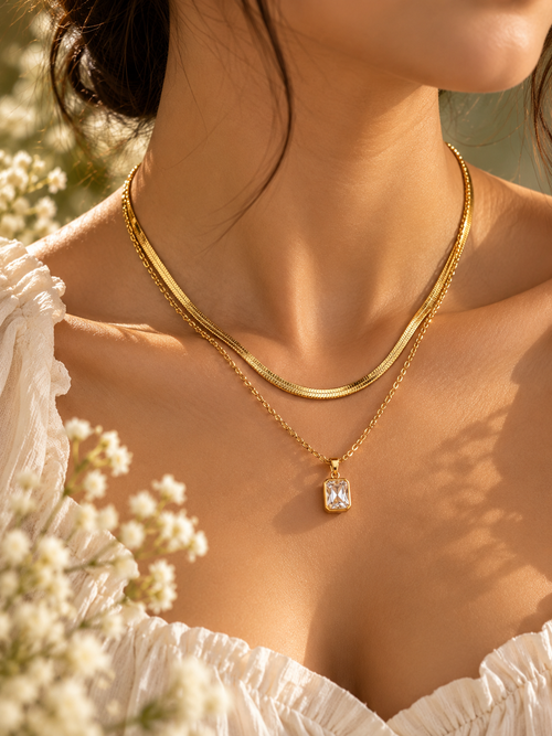 Layered Crystal & Snake Chain Necklace Anti Tarnish